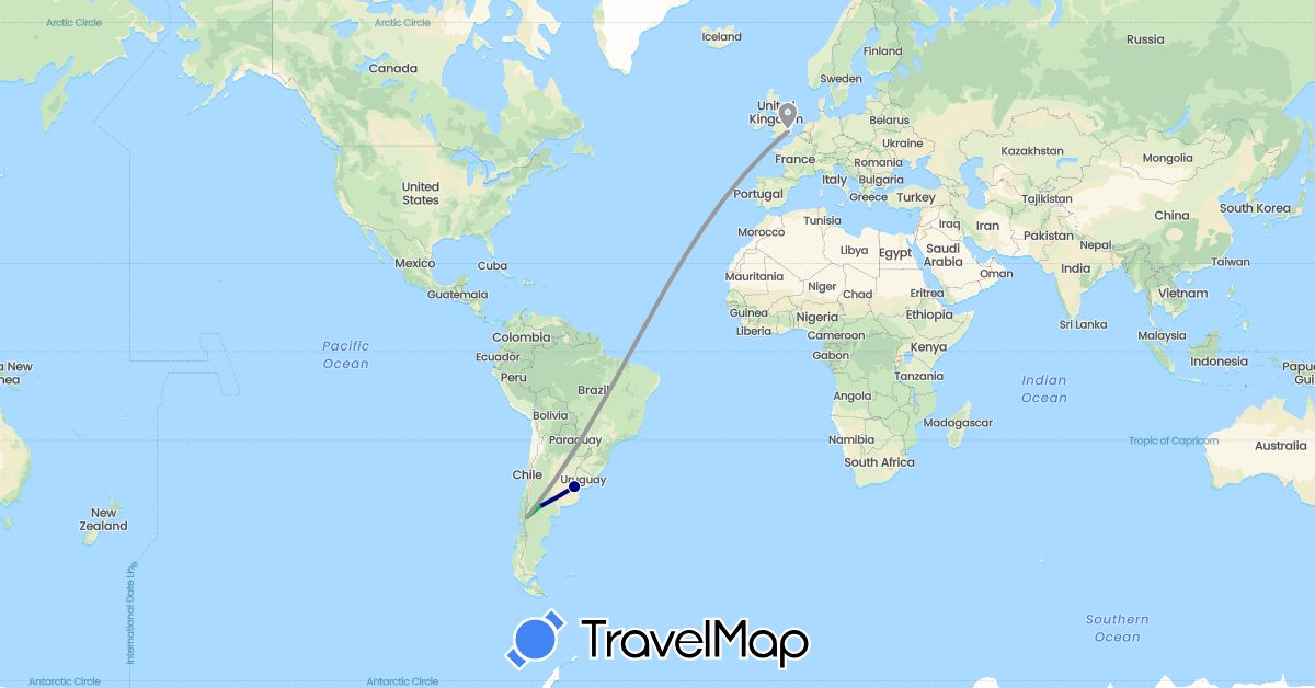 TravelMap itinerary: driving, bus, plane in Argentina, United Kingdom (Europe, South America)